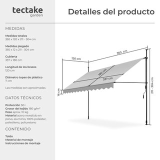 Toldo plegable para balcón con manivela 350x120x211-304 cm, gris claro