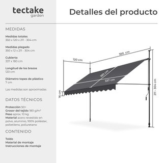Toldo plegable para balcón con manivela 350x120x211 - 304 cm, negro