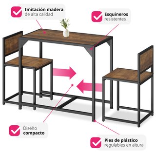 Juego de comedor industrial de 3 piezas, mesa y 2 sillas madera oscura