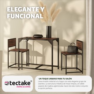 Juego de comedor industrial de 3 piezas, mesa y 2 sillas madera oscura