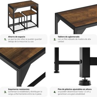 Juego de comedor industrial de 3 piezas, mesa y 2 sillas madera oscura