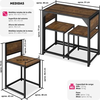 Juego de comedor industrial de 3 piezas, mesa y 2 sillas madera oscura