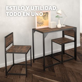 Juego de comedor industrial de 3 piezas, mesa y 2 sillas madera oscura