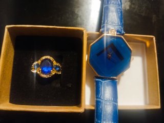 Conjunto Anillo y Reloj Azul y Dorado