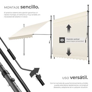 Toldo plegable para balcón con manivela 250x120x211 - 304 cm, beige