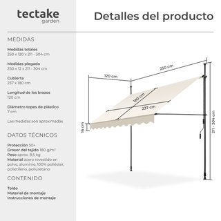 Toldo plegable para balcón con manivela 250x120x211 - 304 cm, beige