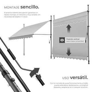 Toldo plegable para balcón con manivela, 250 x 180 cm, gris claro
