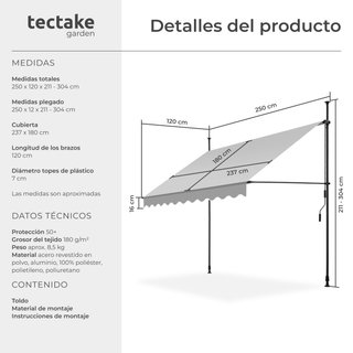 Toldo plegable para balcón con manivela, 250 x 180 cm, gris claro