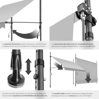 Toldo plegable para balcón con manivela 300x120x211-304 cm, gris claro