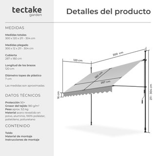 Toldo plegable para balcón con manivela 300x120x211-304 cm, gris claro