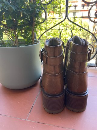 Botines Mujer Marrón Dorado Hebilla Cremallera