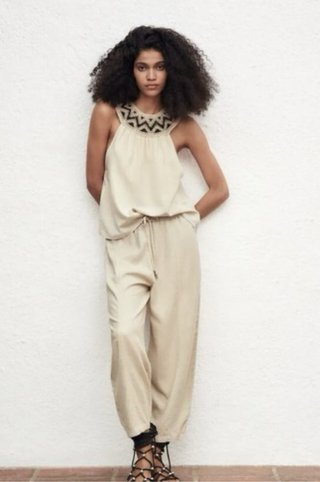 Top Zara Beige Negro Crochet