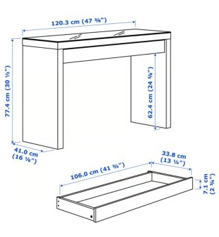 Tocador Malm Ikea 120x41cm con tapa de cristal