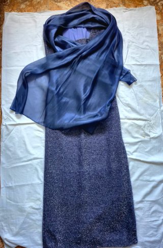 Vestido lurex azul largo boda o fiesta + chal T42