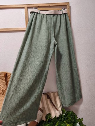 Pantalón  ancho efecto lino cintura elástica cintu