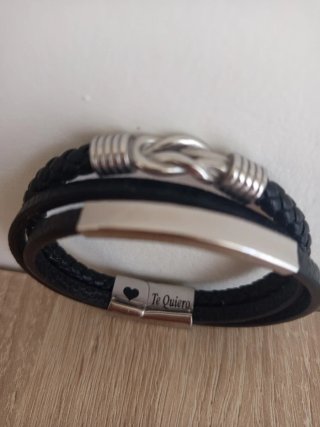 Pulsera cuero trenzado negro cierre acero
