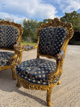Tresillo madera pan de oro azul