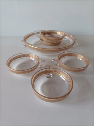 Bandeja y 6 tazas cristal con filo oro