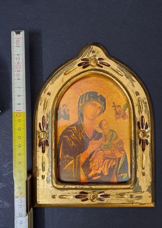 Icona legno cornice color oro Madonna Gesù 20x15
