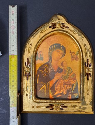 Icona legno cornice color oro Madonna Gesù 20x15