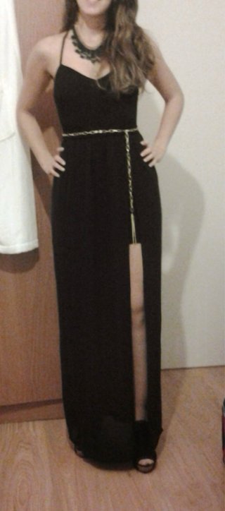 Vestido largo negro tirantes con cinturón
