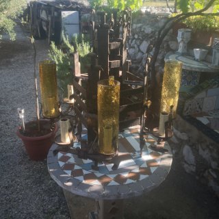 Lámpara forja antigua 5 tulipas cristal ámbar