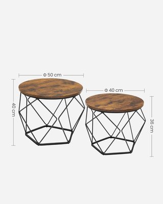 Tavolo da Caffè Rotondo, Set di 2 Tavoli Impilabili, Stile Industriale Vintage, Piano Rimovibile, Struttura in Acciaio, Adatto per Soggiorno, Marrone Vintage e Nero LET040B01