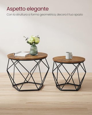 Tavolo da Caffè Rotondo, Set di 2 Tavoli Impilabili, Stile Industriale Vintage, Piano Rimovibile, Struttura in Acciaio, Adatto per Soggiorno, Marrone Vintage e Nero LET040B01