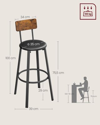 Set di 2 Sgabelli da Bar, Sgabelli da Cucina Imbottiti in PU, Seduta da Bar con Poggiapiedi, Montaggio Semplice, Sala da Pranzo, Marrone Vintage e Nero Classico LBC069B81