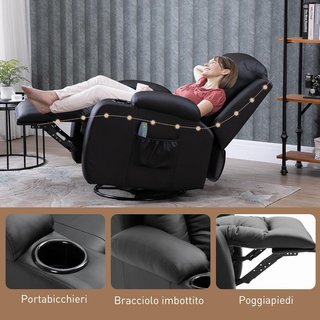 Poltrona massaggiante reclinabile manuale, poltrona relax elettrica riscaldante rotante con oscillazione, portabicchieri, telecomando, poggiapiedi, tasche laterali, in pelle PU, nero