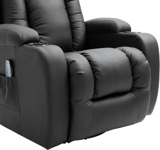 Poltrona massaggiante reclinabile manuale, poltrona relax elettrica riscaldante rotante con oscillazione, portabicchieri, telecomando, poggiapiedi, tasche laterali, in pelle PU, nero
