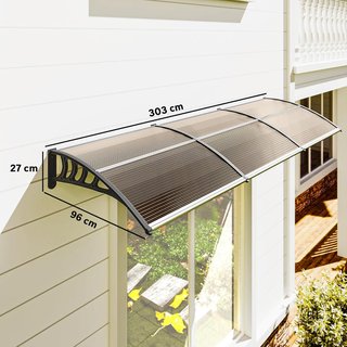 Toldo Exterior 303X96Cm, Toldo de Policarbonato y Aluminio para Balcón, Ventanas y Puertas, Marrón