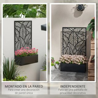 Jardinera con Biombo Metal Negro y Beige