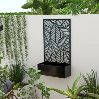 Jardinera con Biombo Metal Negro y Beige