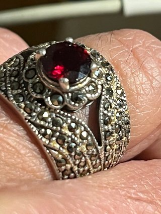 Anello Argento 925 Marcasite e Rubino Autentico