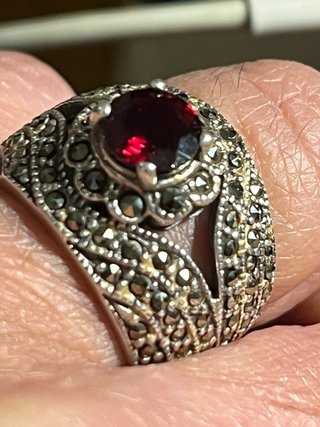 Anello Argento 925 Marcasite e Rubino Autentico