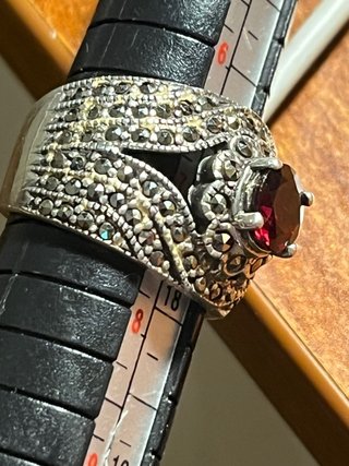 Anello Argento 925 Marcasite e Rubino Autentico