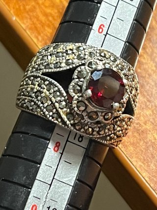 Anello Argento 925 Marcasite e Rubino Autentico
