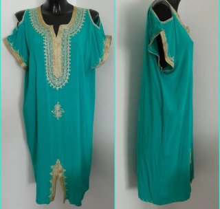 Caftano Kaftan abito verde acqua oro taglia unica
