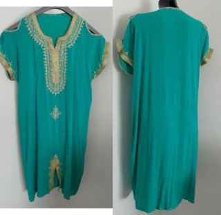 Caftano Kaftan abito verde acqua oro taglia unica