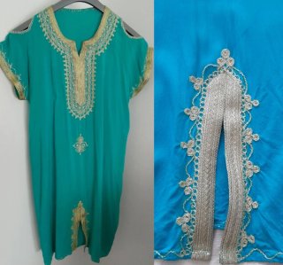 Caftano Kaftan abito verde acqua oro taglia unica