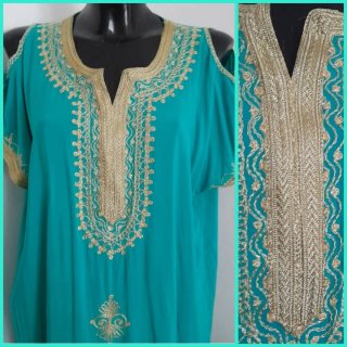 Caftano Kaftan abito verde acqua oro taglia unica