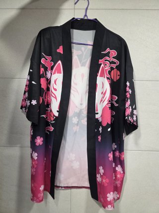 NUEVO. Kimono Anime Máscara Kitsune Negro y Rosa