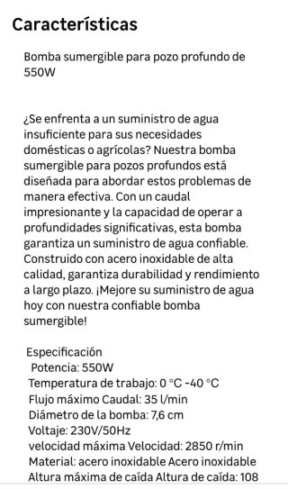 Bomba Sumergible VEVOR 35 L/min 108m