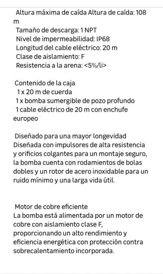 Bomba Sumergible VEVOR 35 L/min 108m