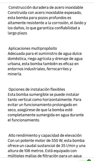 Bomba Sumergible VEVOR 35 L/min 108m