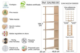 Estantería esquinera de madera maciza de pino