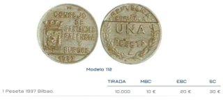 Moneda 1 Peseta 1937 Consejo de Santander