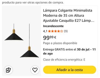 Lampara colgante juego de 2 de 35 negra y oro