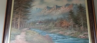 Cuadro antiguo paisaje río y montañas